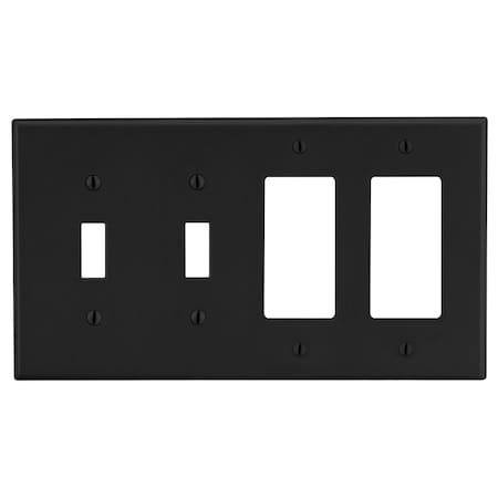 Hubbell Wiring Device-Kellems Wallplate, 4-Gang, 2) Toggle 2) Decorator, Black P2262BK